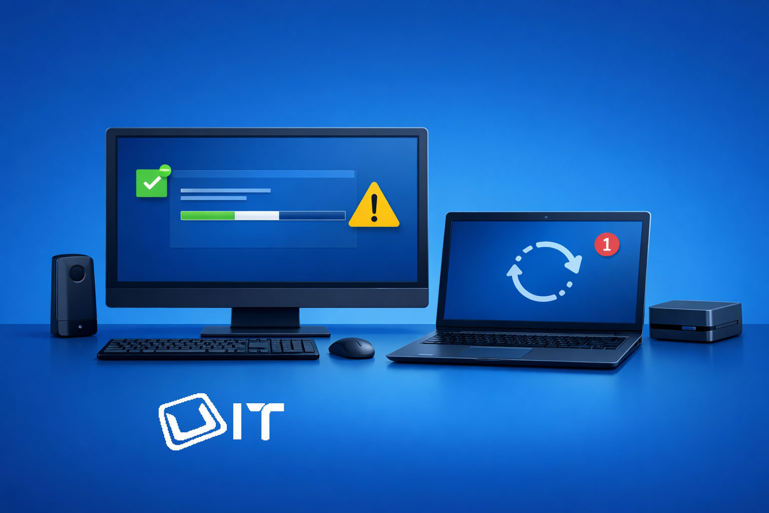 • Windows update and driver management settings on a business PC