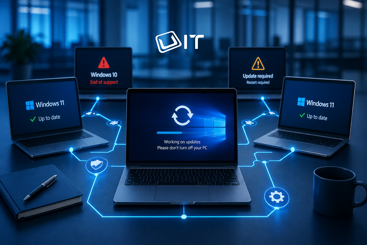 1. Business computers showing Windows update and support status in a modern IT environment