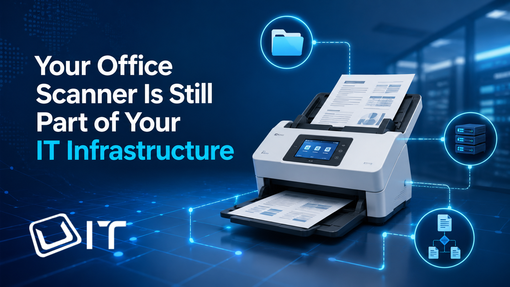 1. Modern blue technical illustration of scanner, server and document workflow